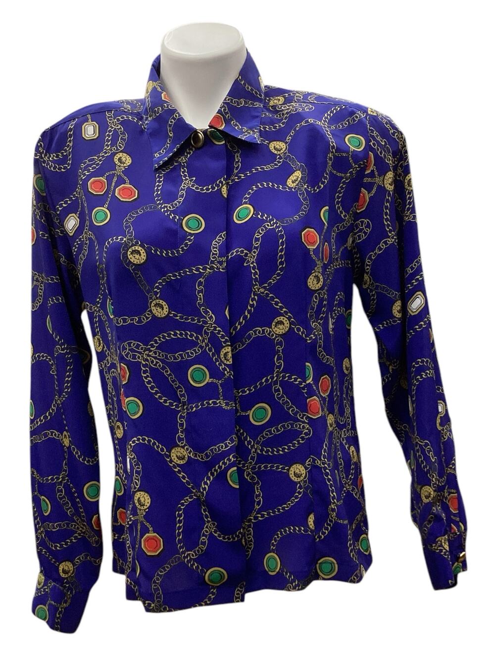 VTG Josephine Petites Women’s Button Down SZ M Chain And Coin Motif Cobalt Blue